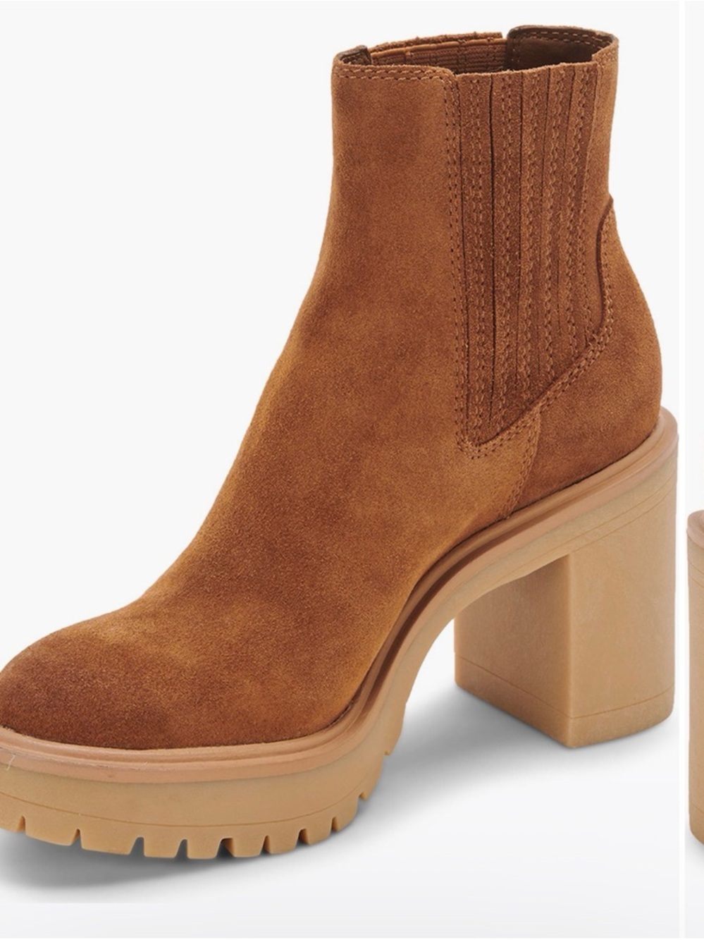 DV by Dolce Vita Cognac Suede Lug Sole Block Heel Chelsea Boot